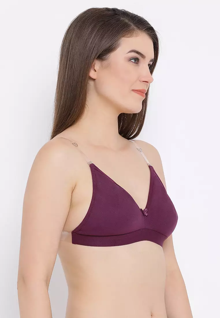 Clovia Invisi Non-Padded Non-Wired Full Cup Multiway T-shirt Bra in Wine Colour with Transparent Straps & Band - Cotton Rich