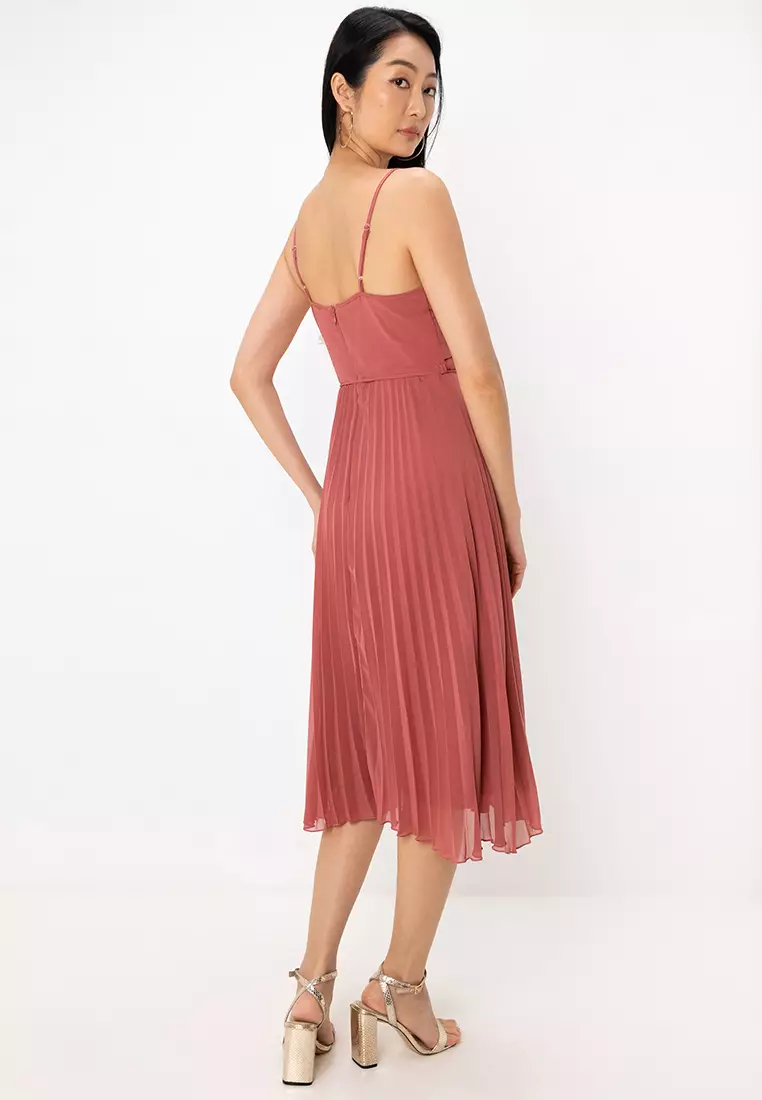 Twist Front Pleated Cami Midi Dress With Belt