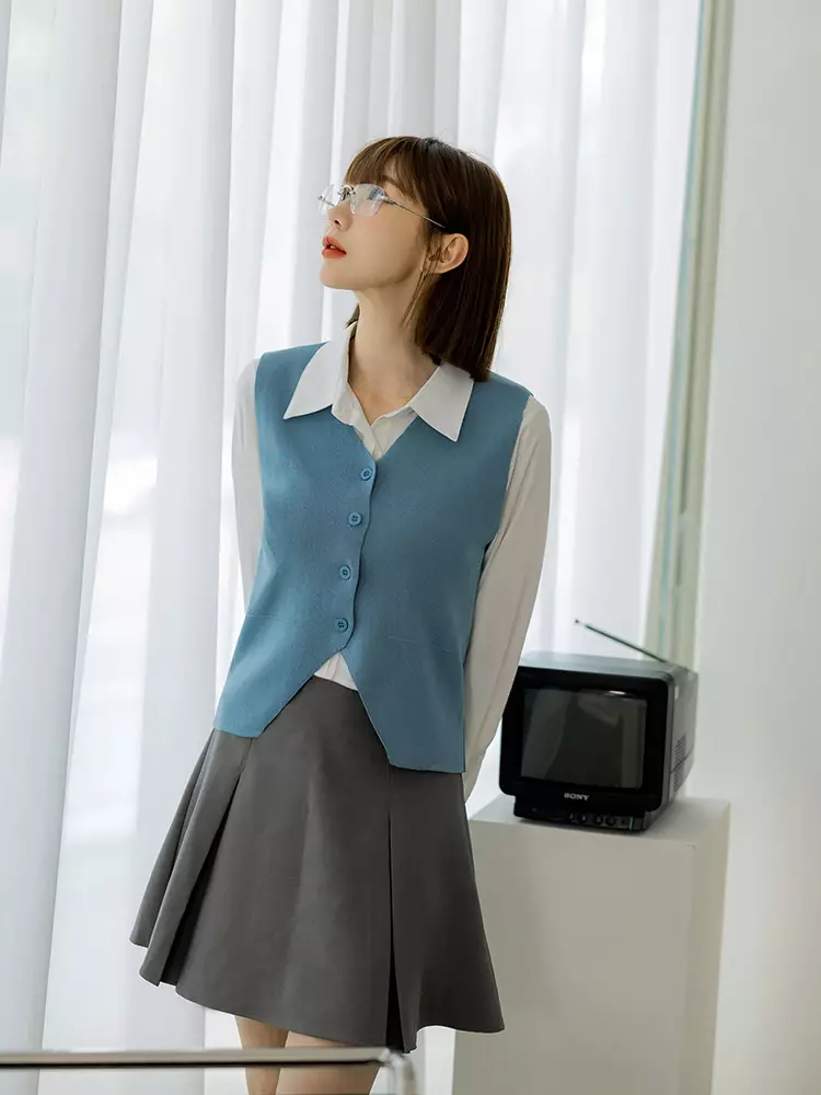 V-shaped pleated A-line blazer set mini skirt [CA2981]