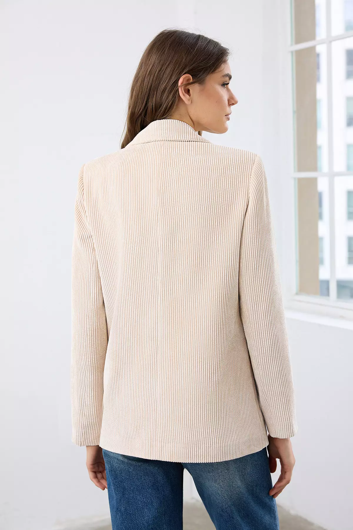 Stone Double Breasted Closure Relaxed Fit Woven Velvet Blazer Jacket