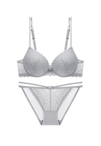 ZITIQUE grey Young Girls' American Style 3/4 Cup Lace-trimmed Underwire Push Up Lingerie Set (Bra And Underwear) - Grey 8CACDUS0BD0EEFGS_1