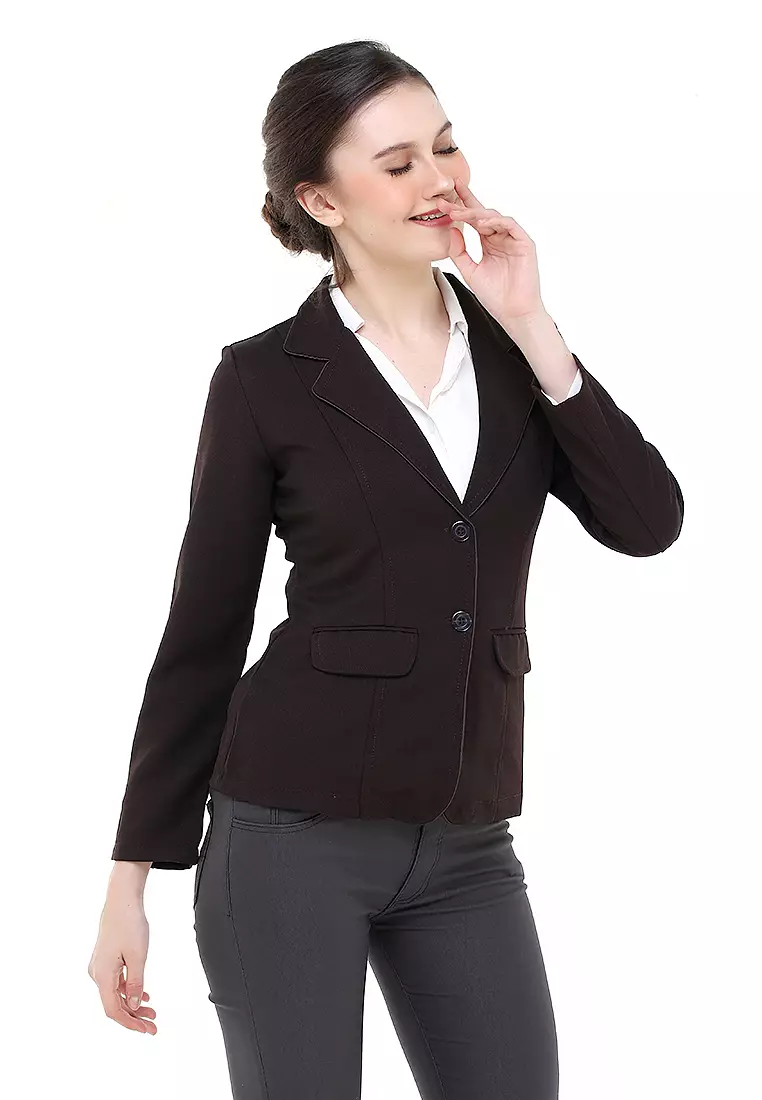 Qemsya Jas Blazer Wanita Korean Style Formal Longsleeve Suit Material Polyester ORIGINAL - Dark Brown