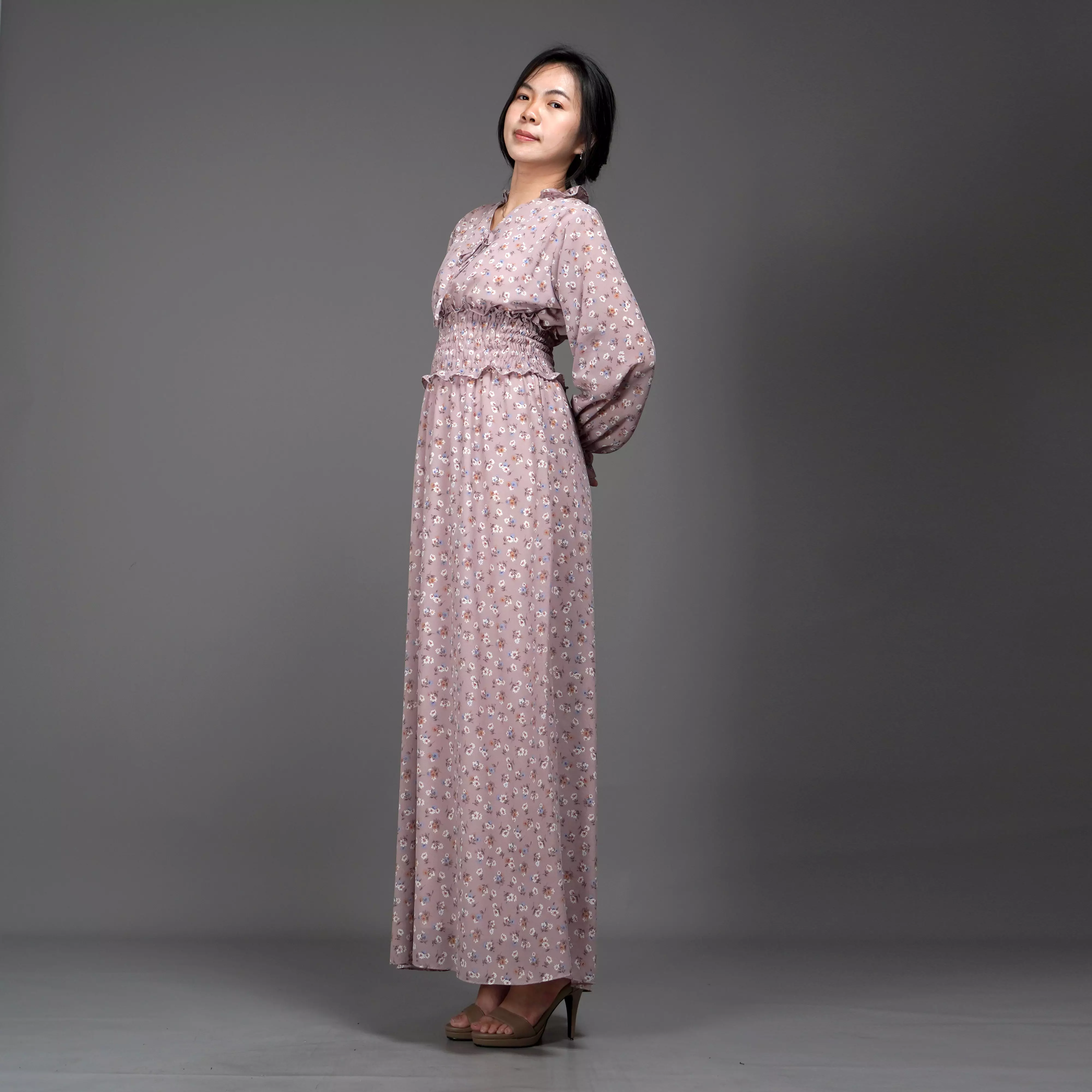  Dress SHALMA Long Dress Sifon Gaun Panjang Gaya Korea - Moka