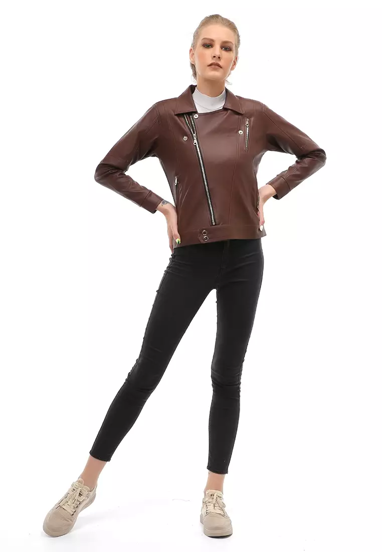 Glenice Jacket Outer Fashion Wanita Zipper Pocket Elegant Design Material Leather ORIGINAL - Brown