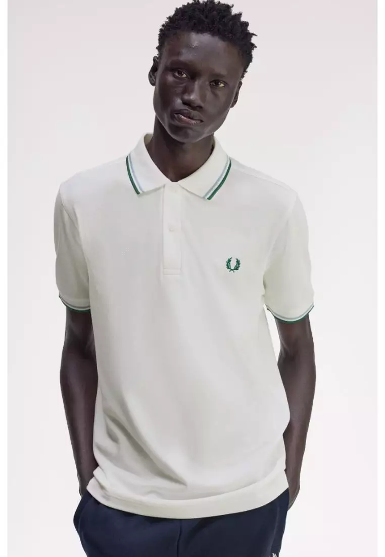 Fred Perry M3600 Twin Tipped Fred Perry Shirt (Snow White / Track Blue / Sport Green）