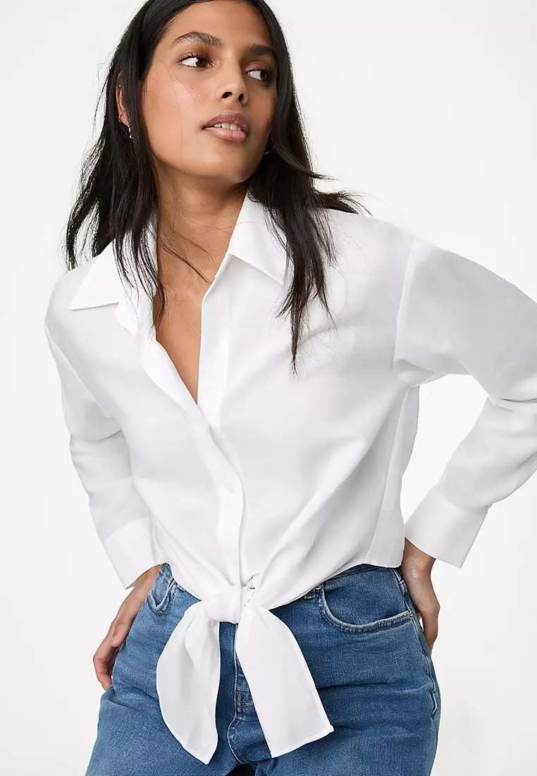 Lyocell Rich Tie Front Shirt With Linen