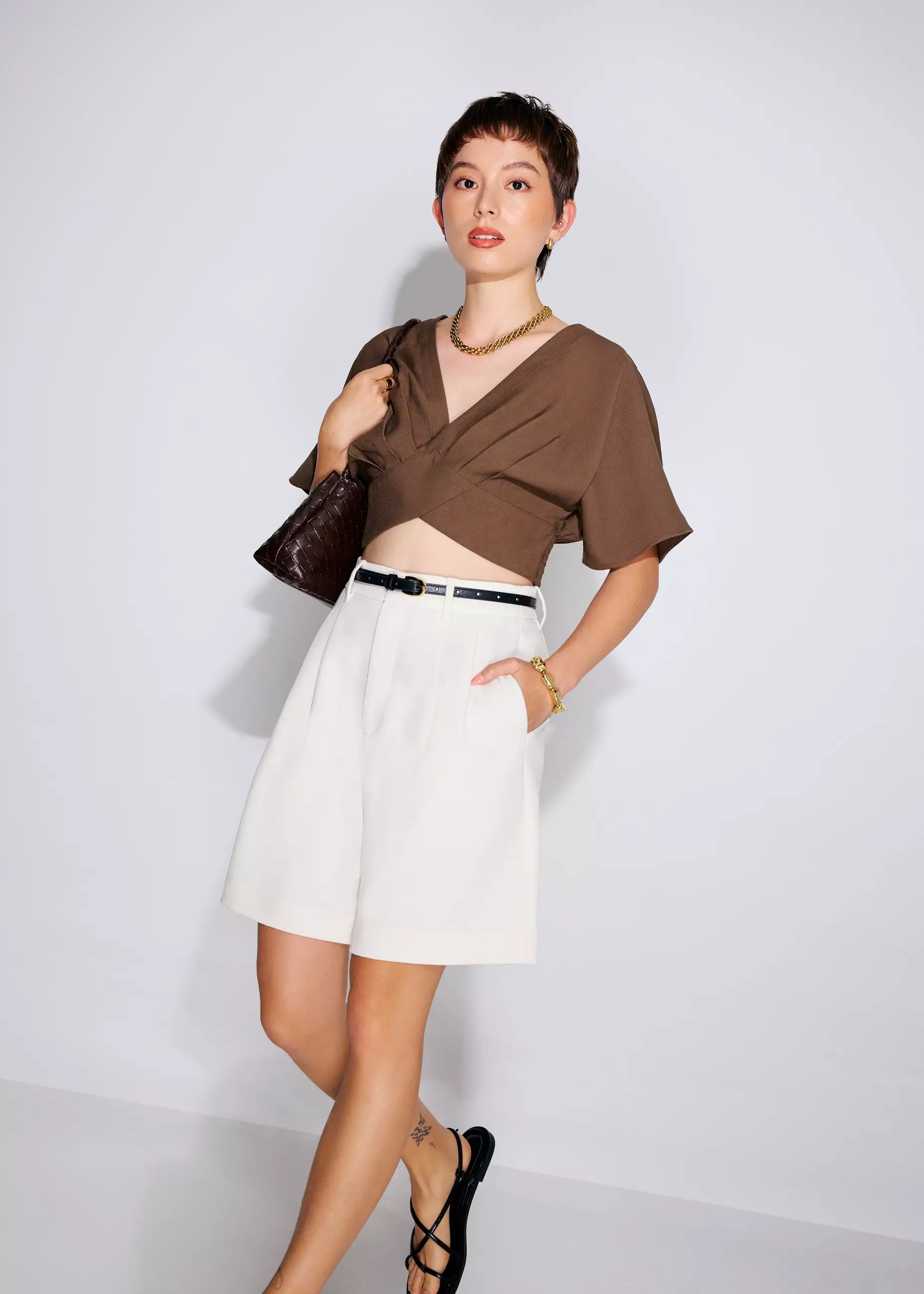 Atasan Wanita - V-neck Kimono Sleeve Crop Top