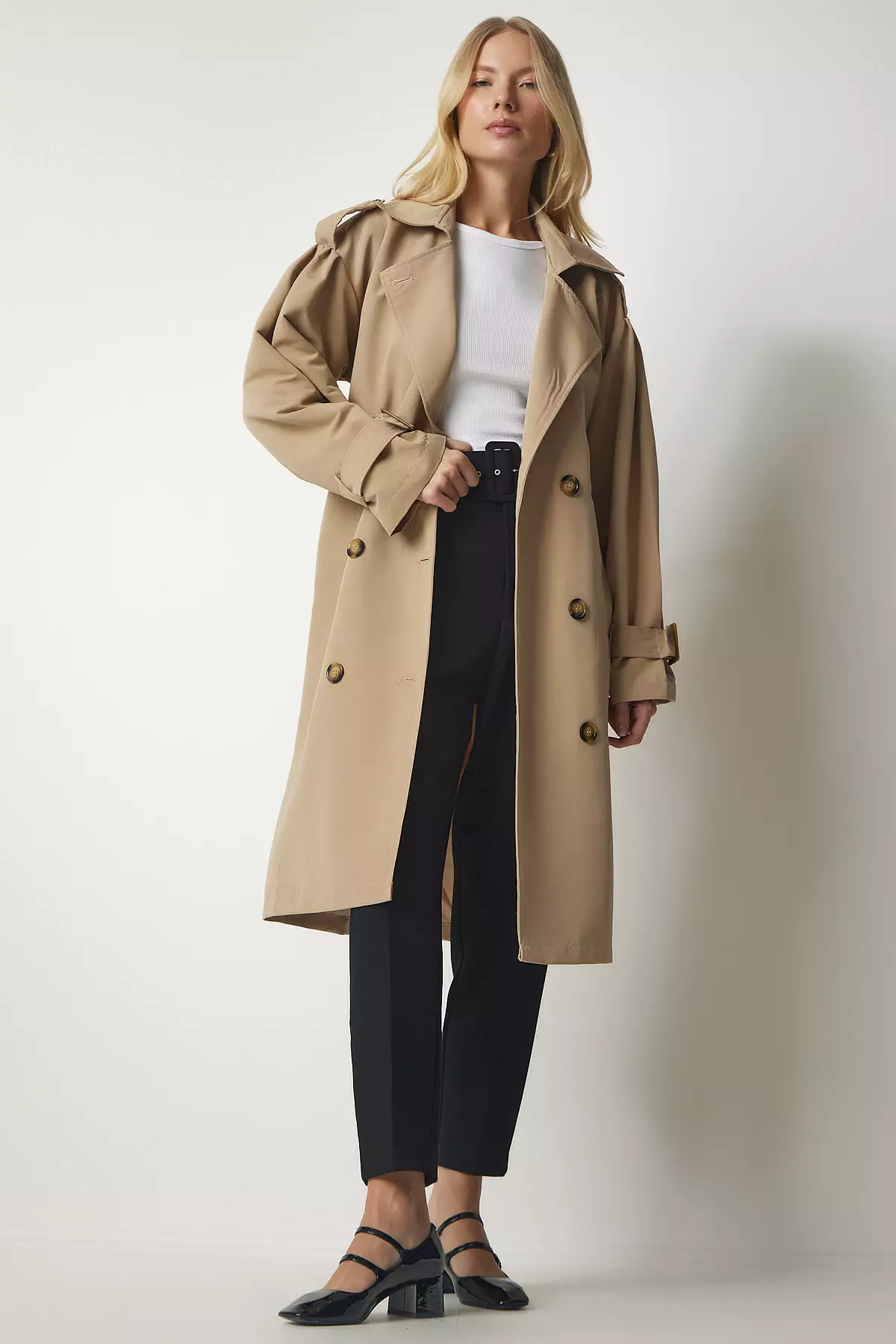 Buy Happiness Istanbul Beige Double Breasted Collar Trench Coat with a ...