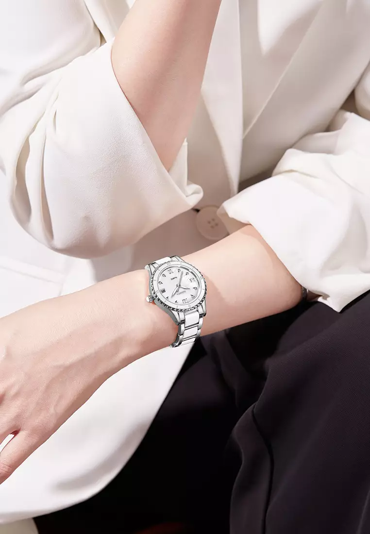 Jam Tangan Wanita Korea Berlian Original Anti Air Tali Keramik Jam Tangan Cewek New Wanita silverwhite