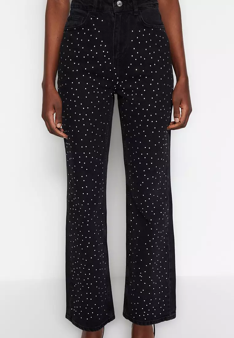 Stones Detail Straight Jeans
