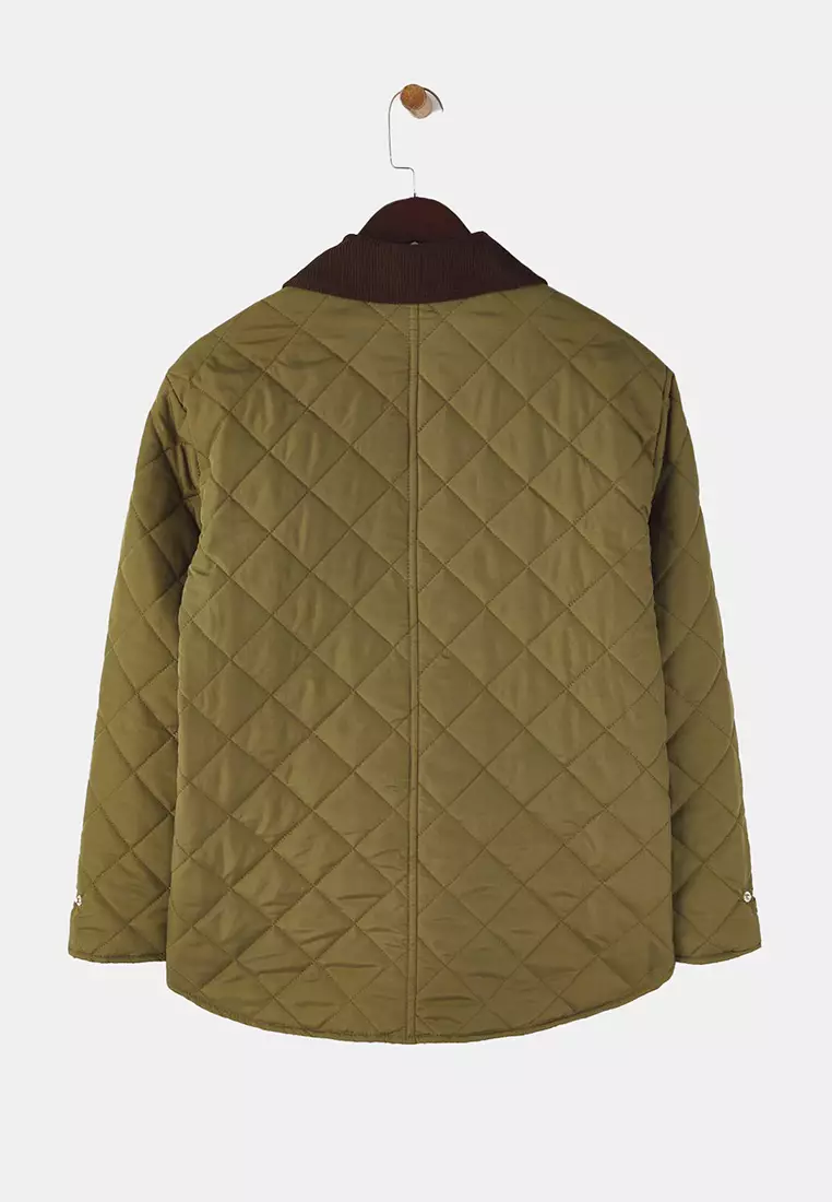 Dark Khaki Oversize Quilted Coat With Velvet Collar Detail
