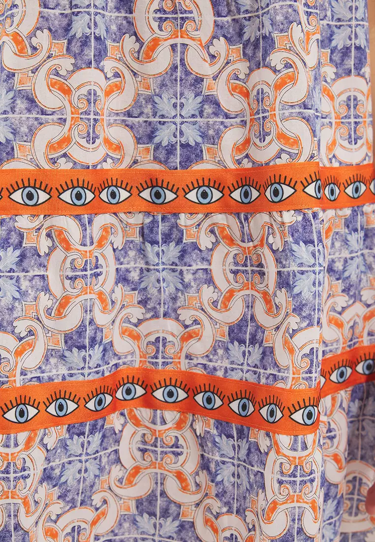 Geometric Patterned Woven Ruffle Detailed 100% Cotton Beach Dress TBESS25EL00140