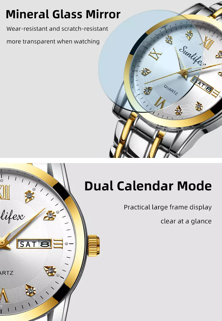 Jam Tangan Pria 9010 Kalender Kuarsa Tali Stainless Steel Bisnis Santai Jam Tangan Cowok gold white