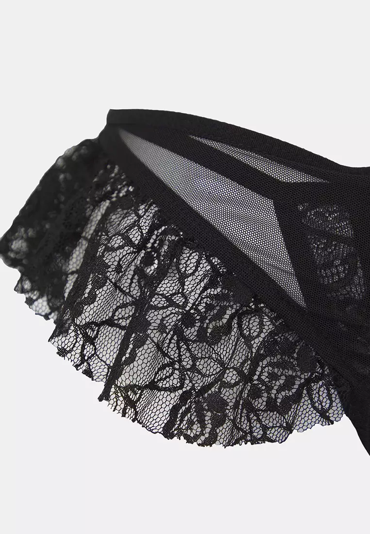 Black Ribbon Detailed Leg Band Ruffle Coverless Lace Fantasy Lingerie Set