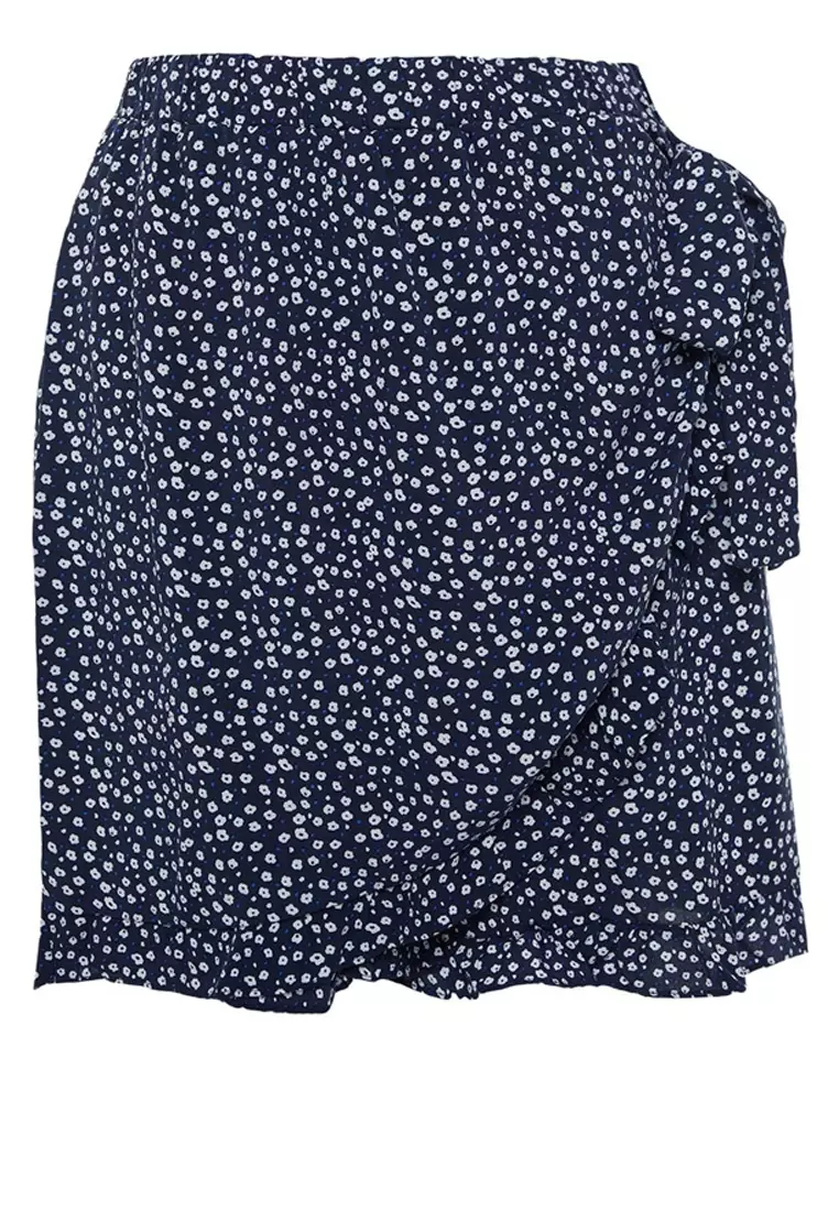 Navy Blue Floral Patterned Woven Tie Shorts Skirt TBBSS22SR0164