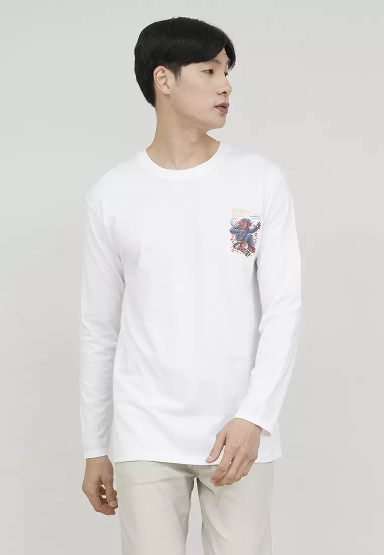Kaos cotton combed lengan panjang pria putih houseofcuff monkey skate