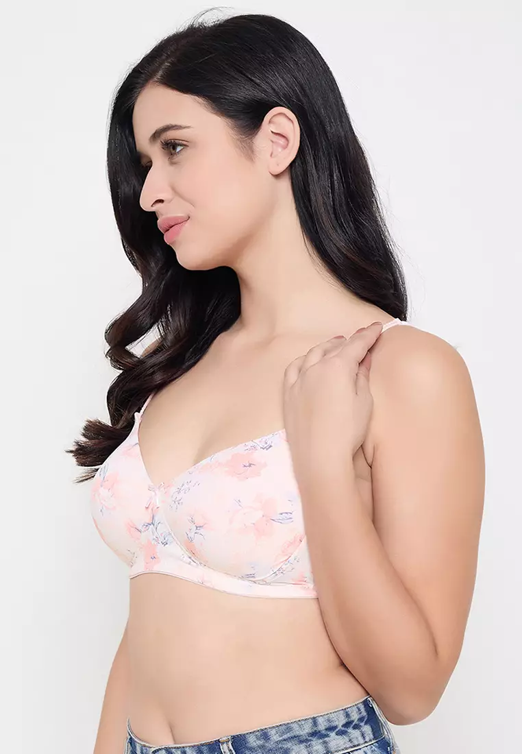 Clovia Padded Non-wired Full Cup Floral Print T-shirt Bra in Light Pink