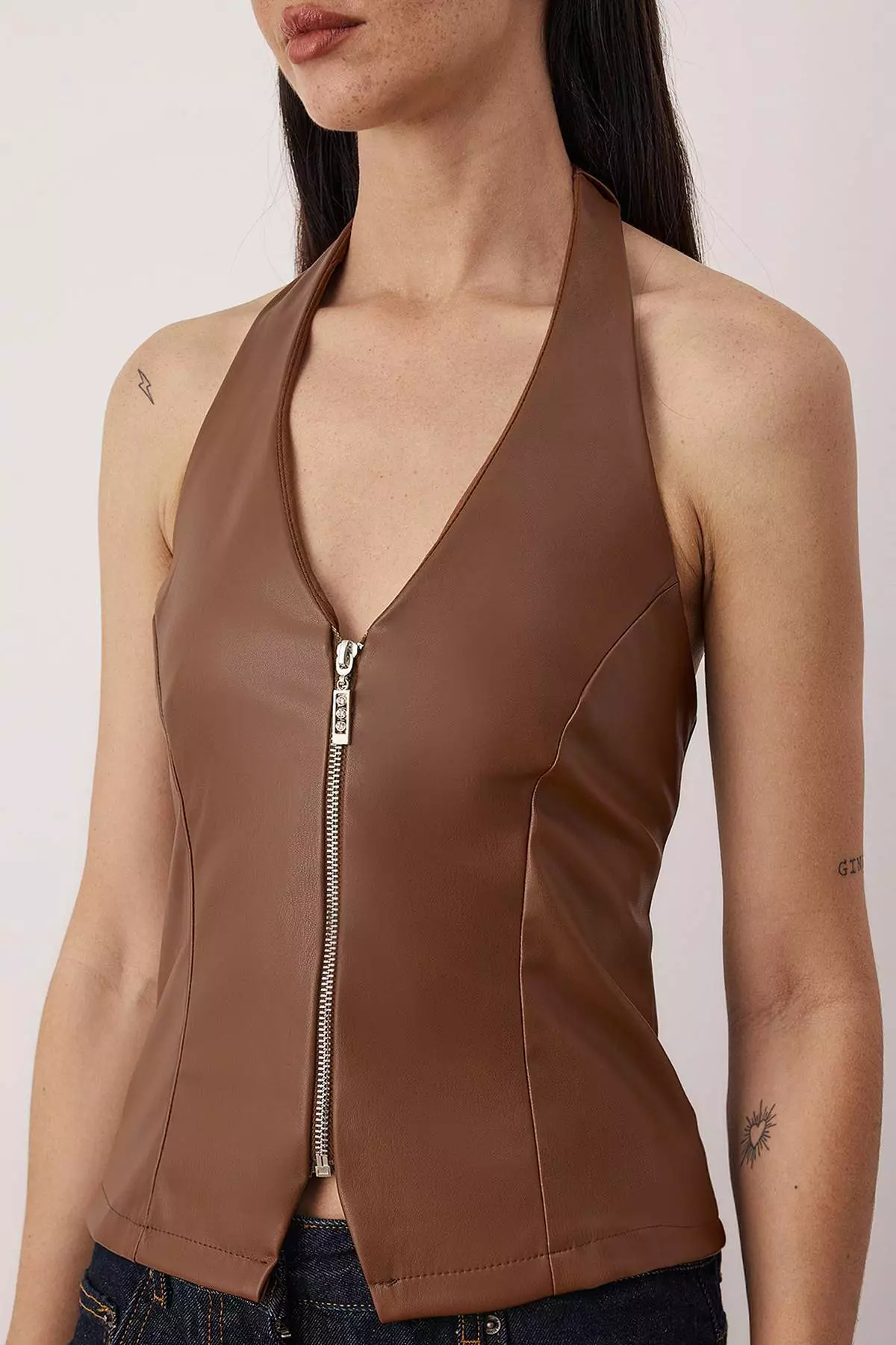 Dark Brown V-Neck Faux Leather Zipper Detail Party Blouse Tpraw26Bz68