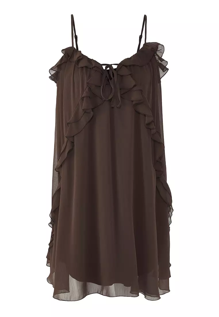 Limited Edition Brown Ruffle Mini Woven Dress TWOSS25EL00516