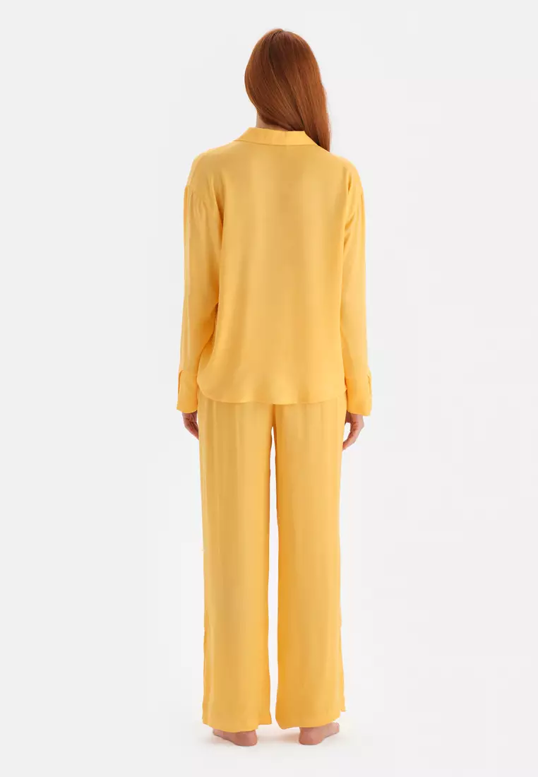Yellow Shirt, Shirt Collar, Regular, Long Sleeve Sleepwear for Women