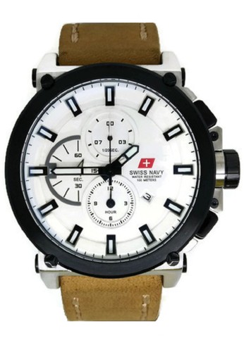 Swiss Navy Jam Tangan Pria Coklat Putih Leather strap SN 8935