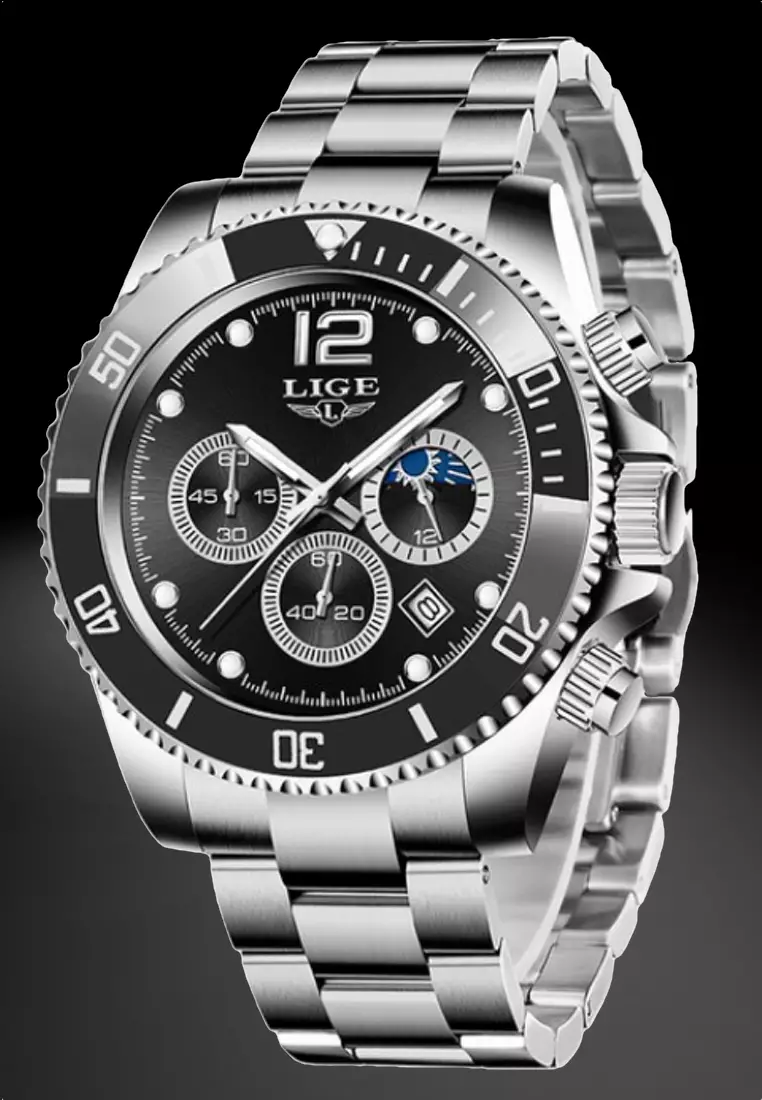 Unisex Chronograph Diver's Stainless Steel Quartz Watch with turning Bezel on Steel Bracelet