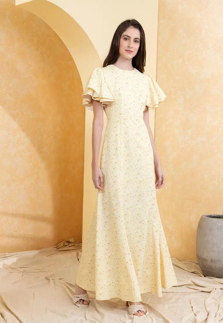 Yellow flutter sleeve store dress