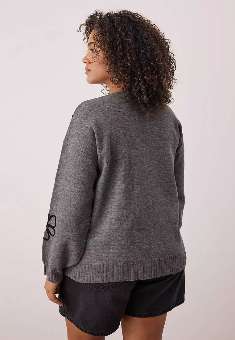 Anthracite Embroidery Detailed V-Neck Knitwear Cardigan Tbbaw26Av00018