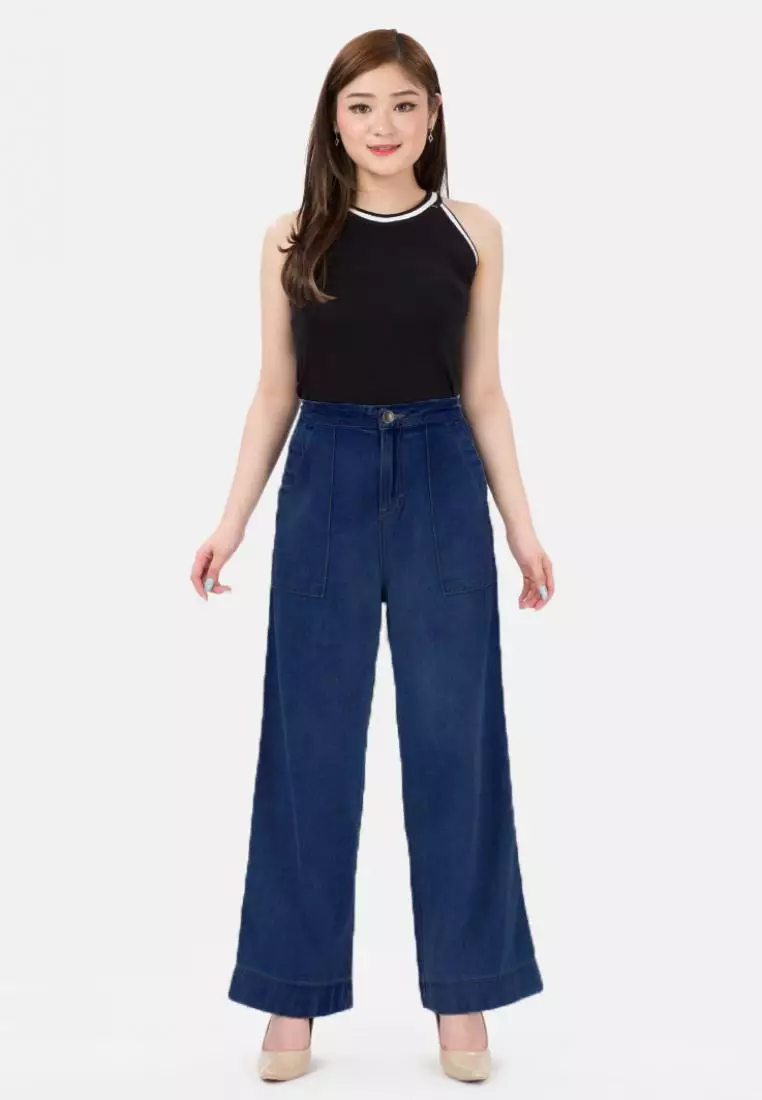 Elastic Waist Culotte Jeans in Navy