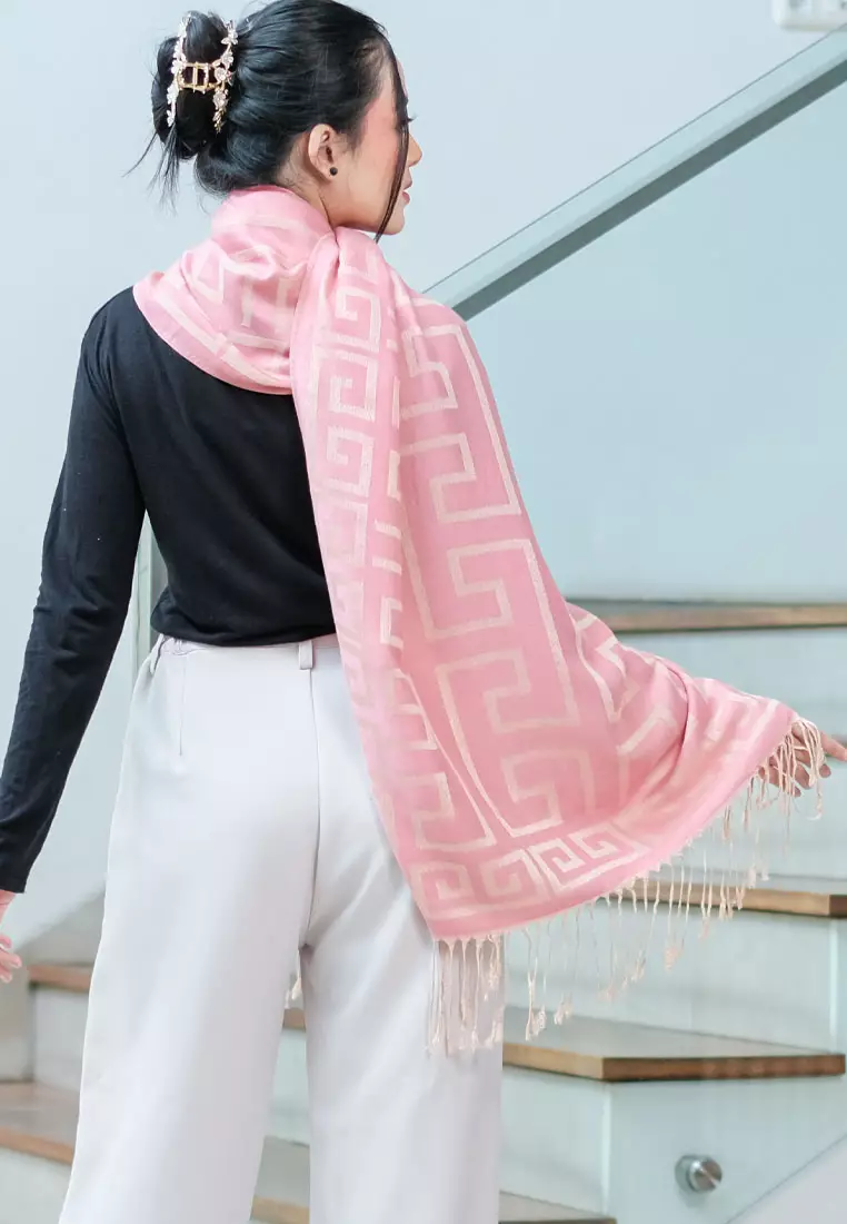 Aksesoris Wanita Reversible Viscose Geometric Maze Pattern Pashmina Shawl Syal Wanita Radiant Rose Pink