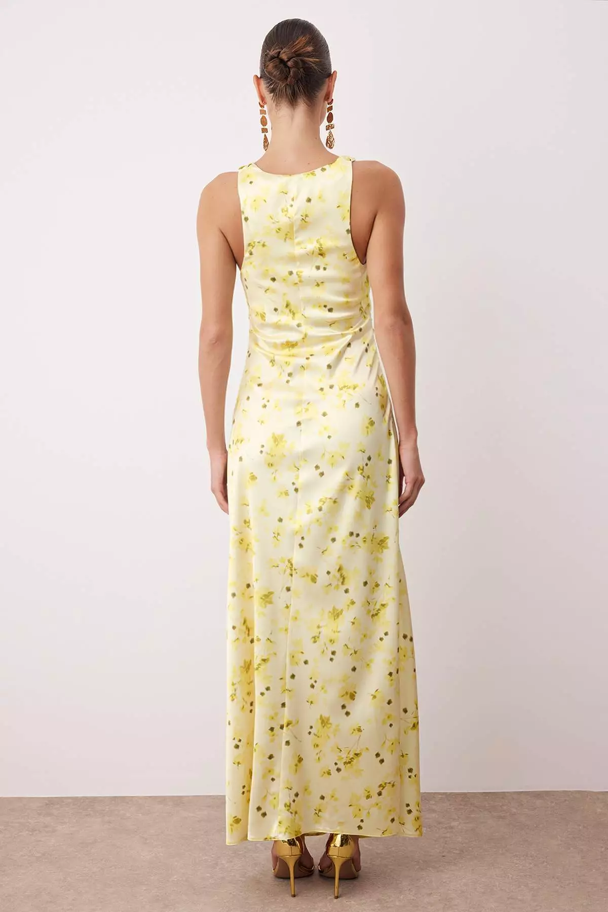 Yellow-Multicolored Plain Bodycon Woven Satin Maxi Evening & Graduation Dress
