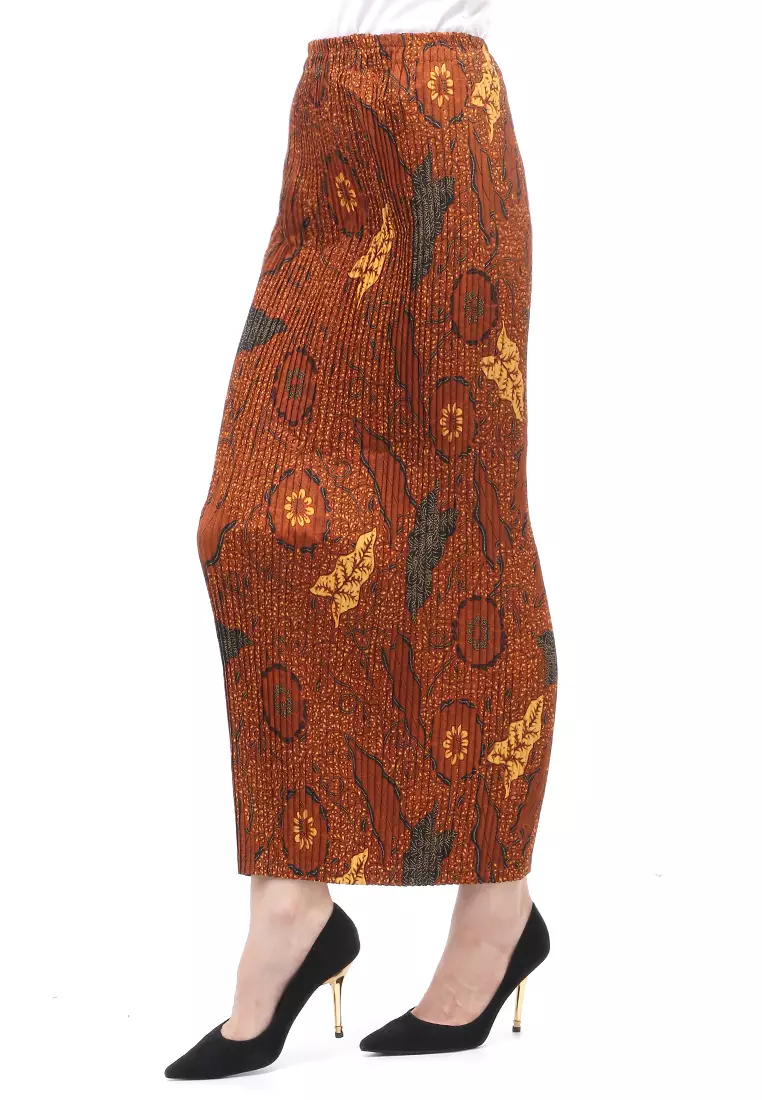 Rok Plisket Motif Batik Bawahan Wanita Design Casual - Daun