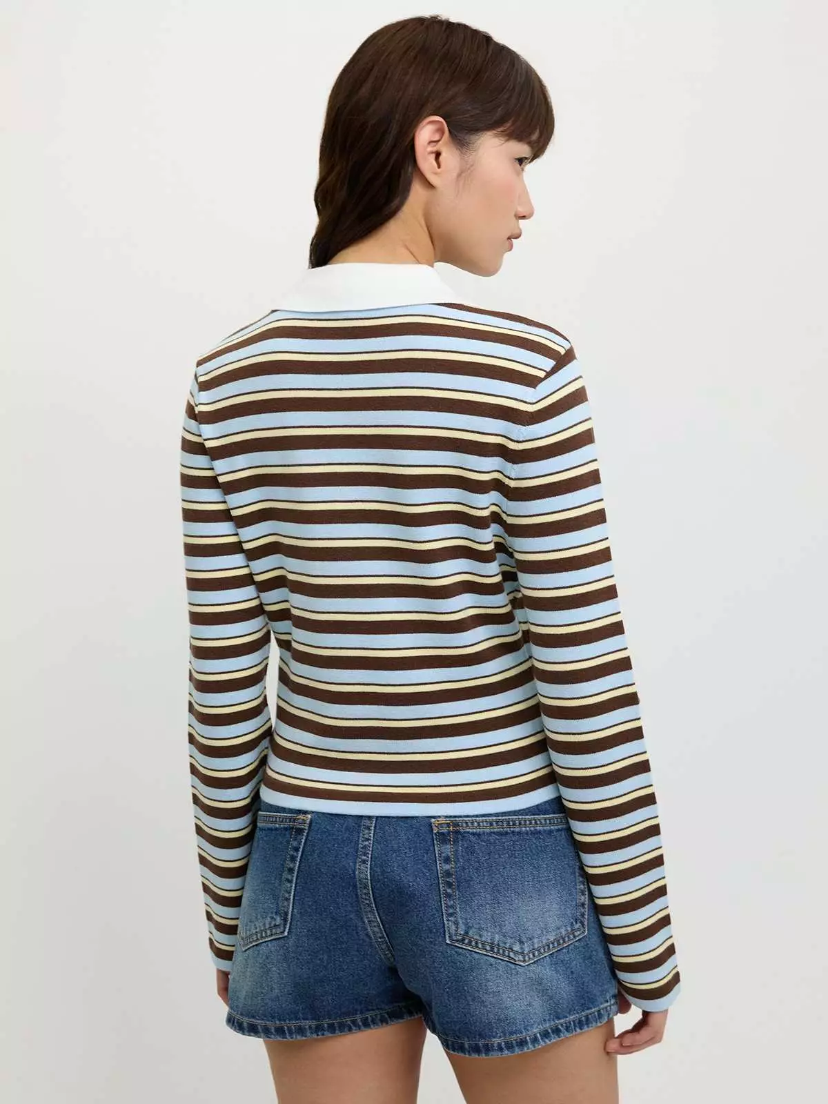 Pomelo - Top Wanita - Long Sleeve Striped Polo Crop Top - Brown