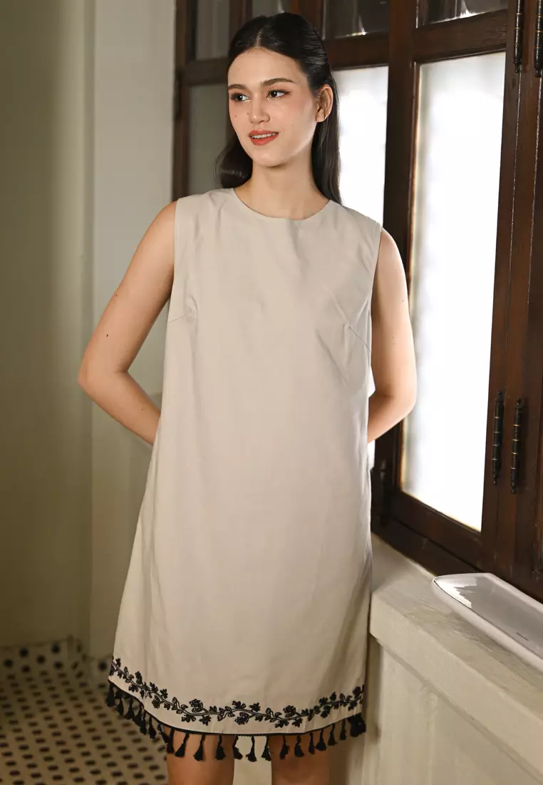 亚麻无袖迷你连衣裙