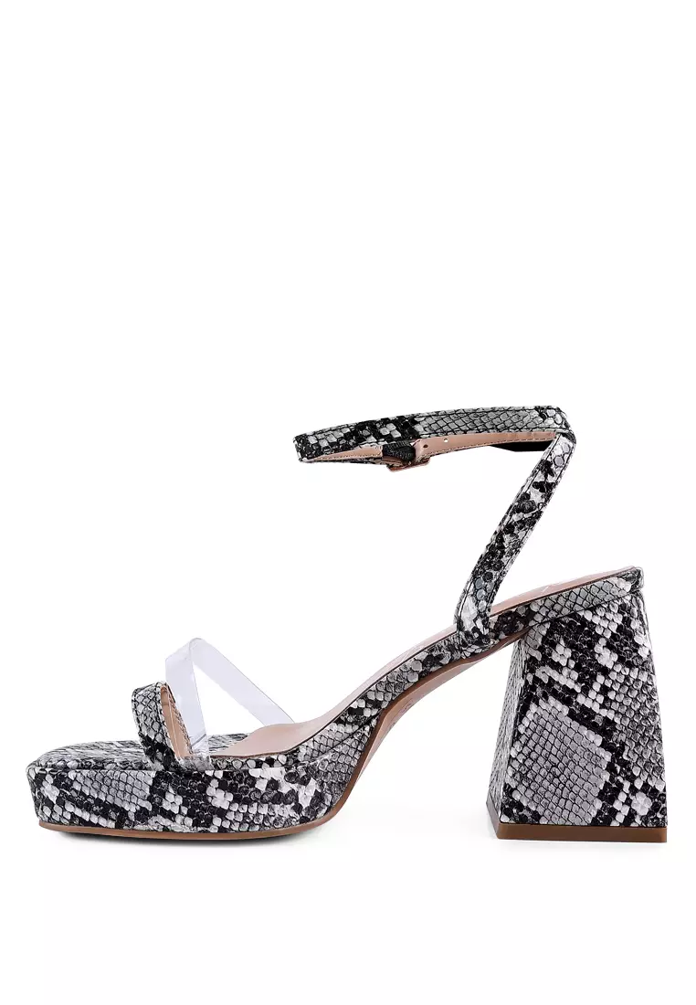 Black Snake Pattern Block Heeled Sandals