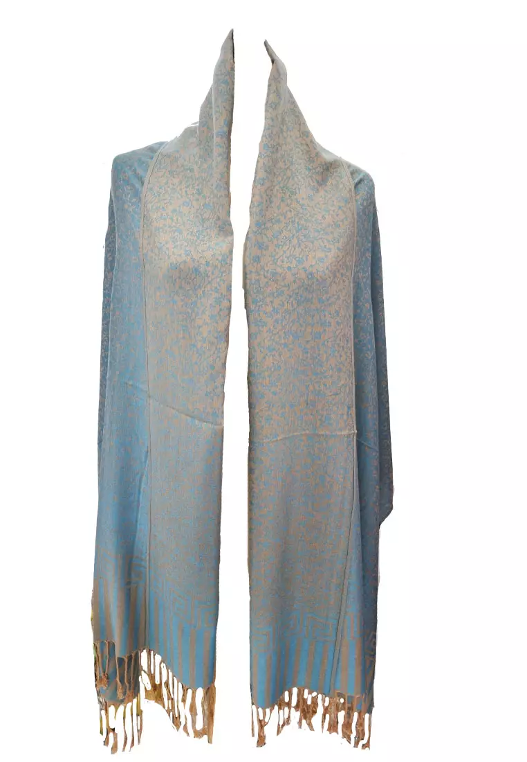 Reversible Viscose Floral Pattern Pashmina Shawl Syal Wanita Sky Blue
