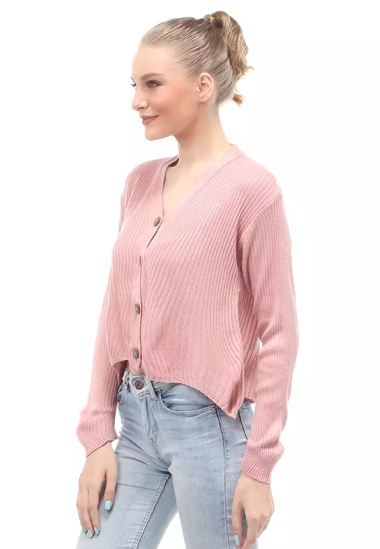 Cardigan Rajut Front Button Opening Fashion Wanita Long Sleeves Relaxed Fit - Dusty Pink