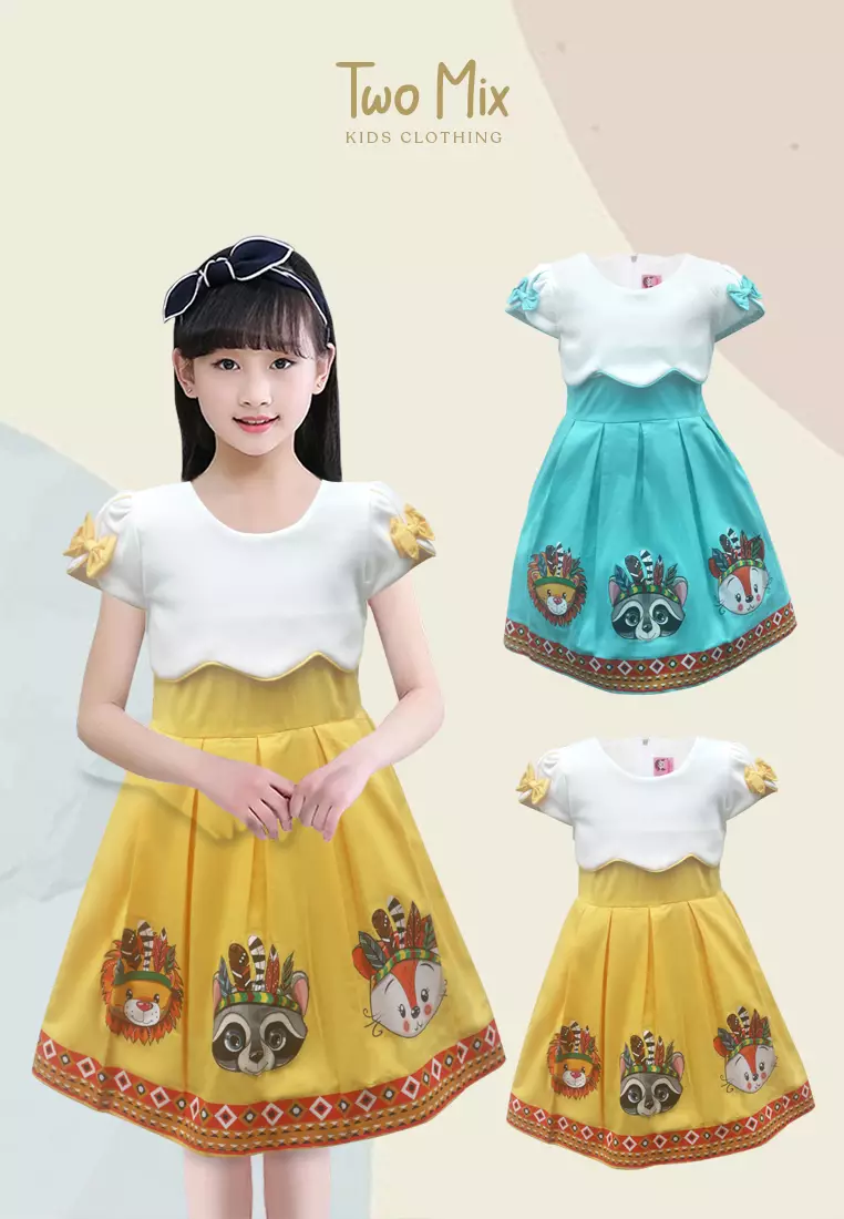 Two Mix Dress Anak Perempuan  - Gaun Anak Bahan Katun usia 1-12 tahun 4212