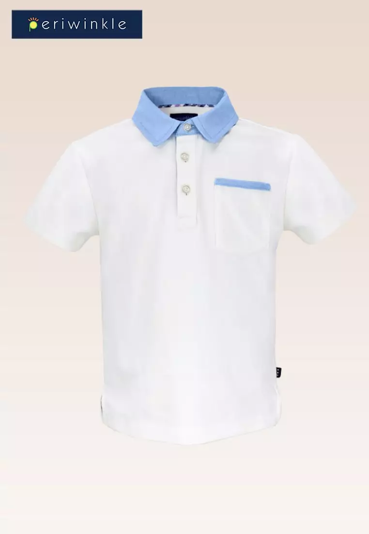 Caleb Boys Polo Shirt With Chambray Mix Fabric And Blue Checks Shorts