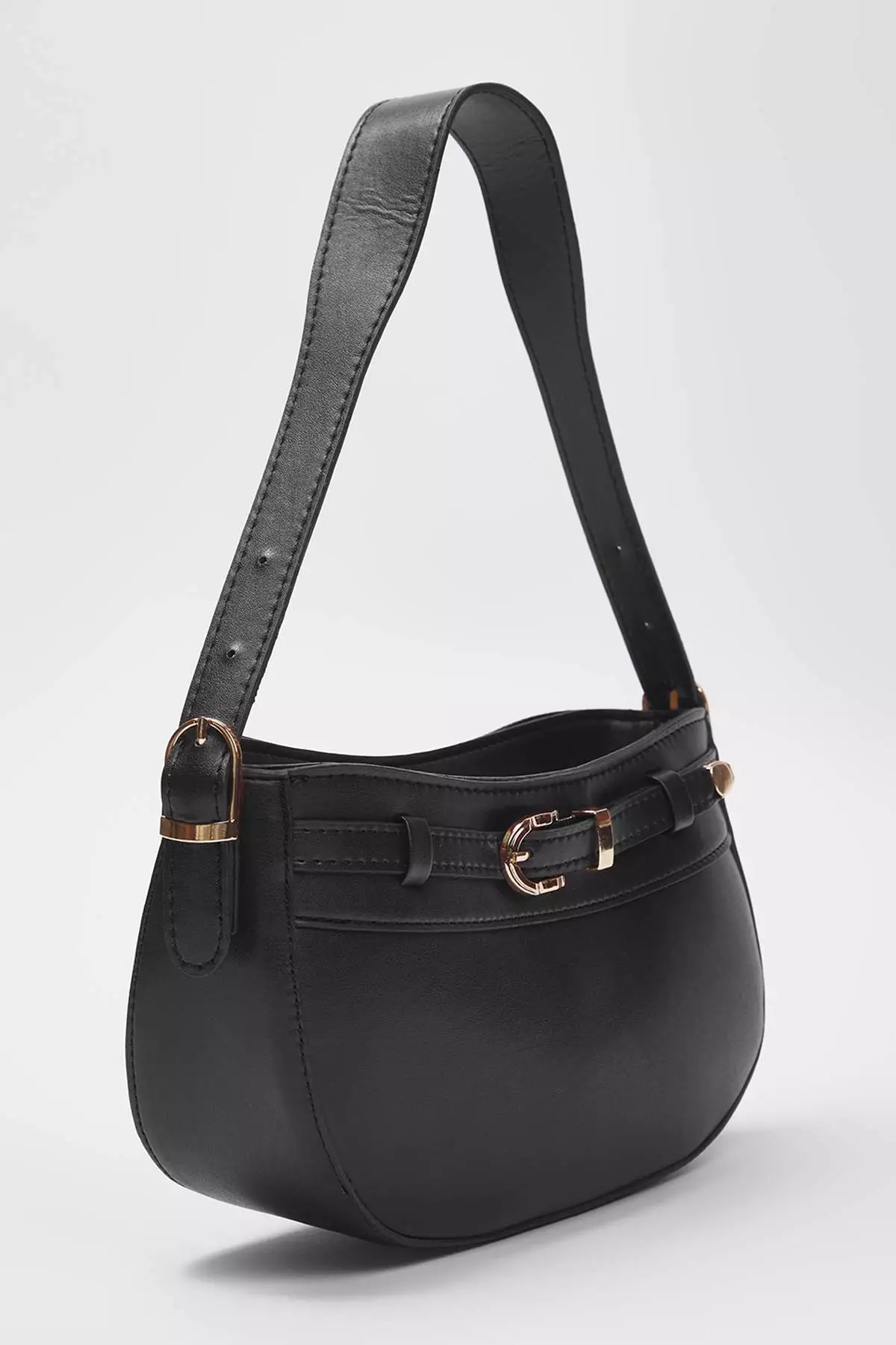 Black Buckle Detailed Women's Mini City Shoulder Bag