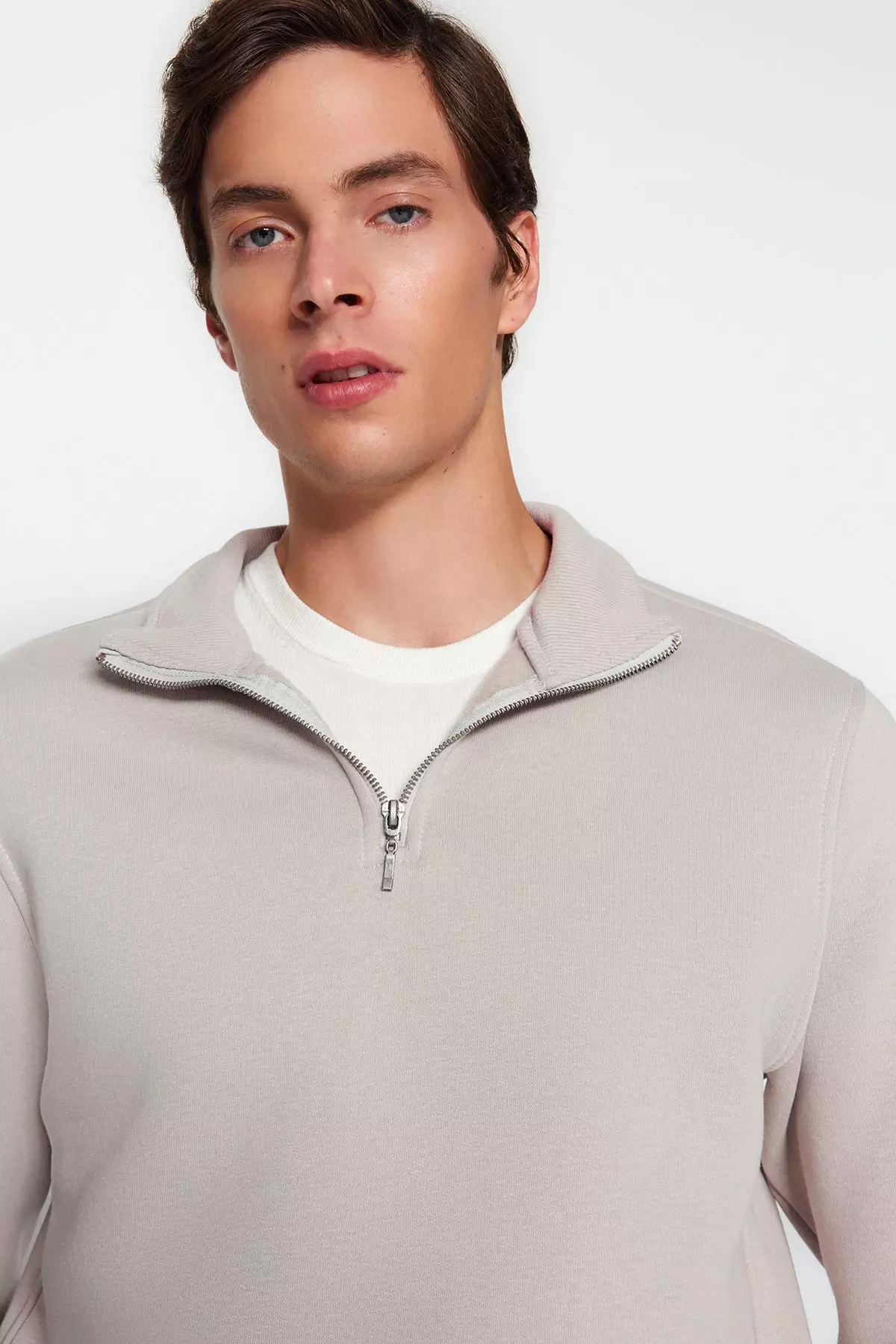 Grey Regular/Normal Cut Stand Collar Zippered Cotton Basic Inside Polar Fleece Sweatshirt TMNAW24SW00041