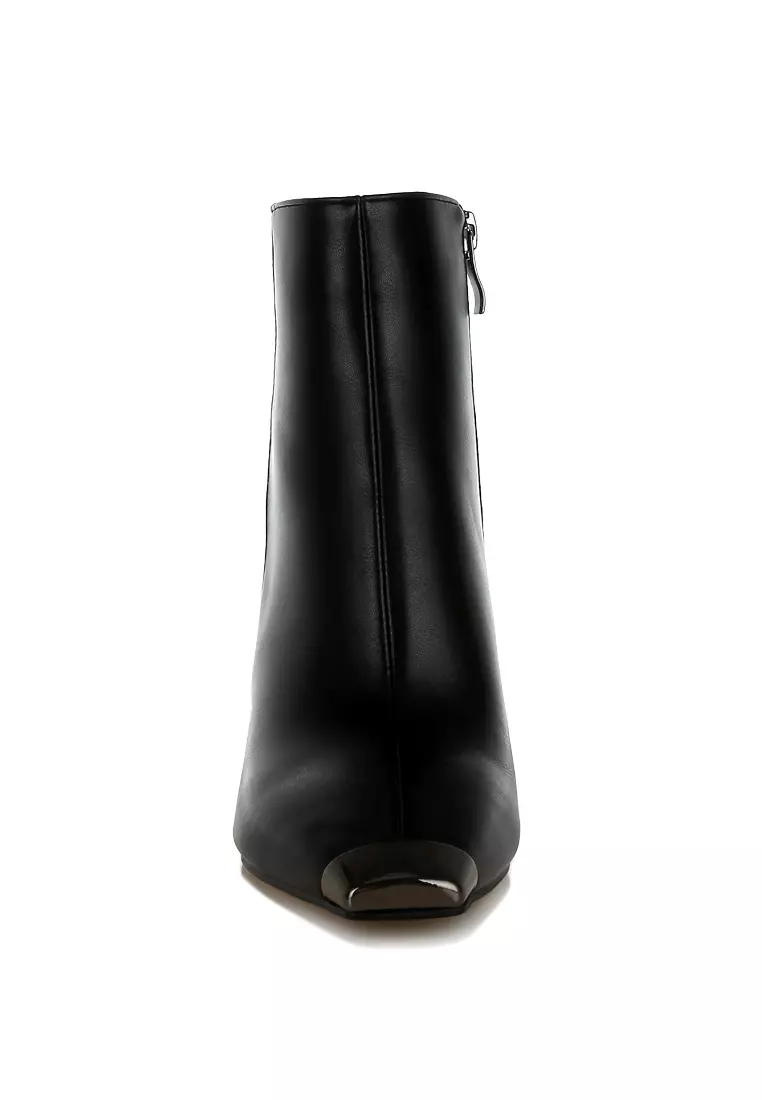 Metallic Cap Toe Faux Leather Boots in Black