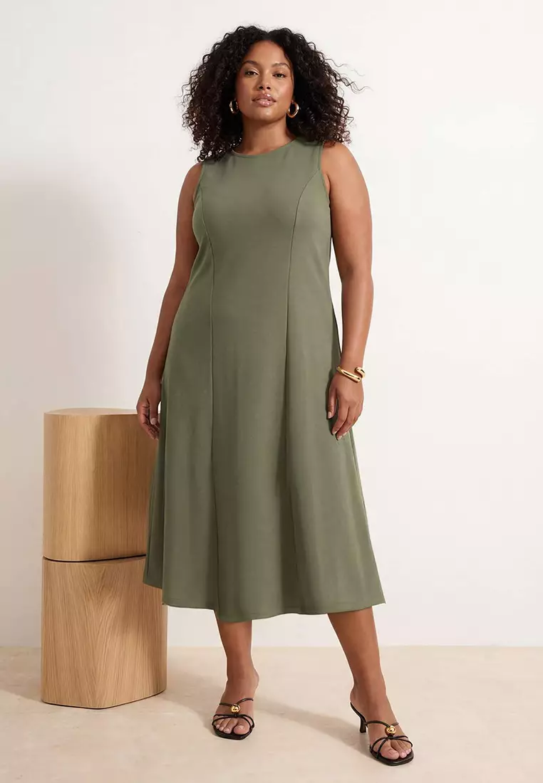 Dark Khaki 100% Cotton Open-Waist Crew Neck Midi Knitted Midi Plus Size Dress Tbbss26Ah00157