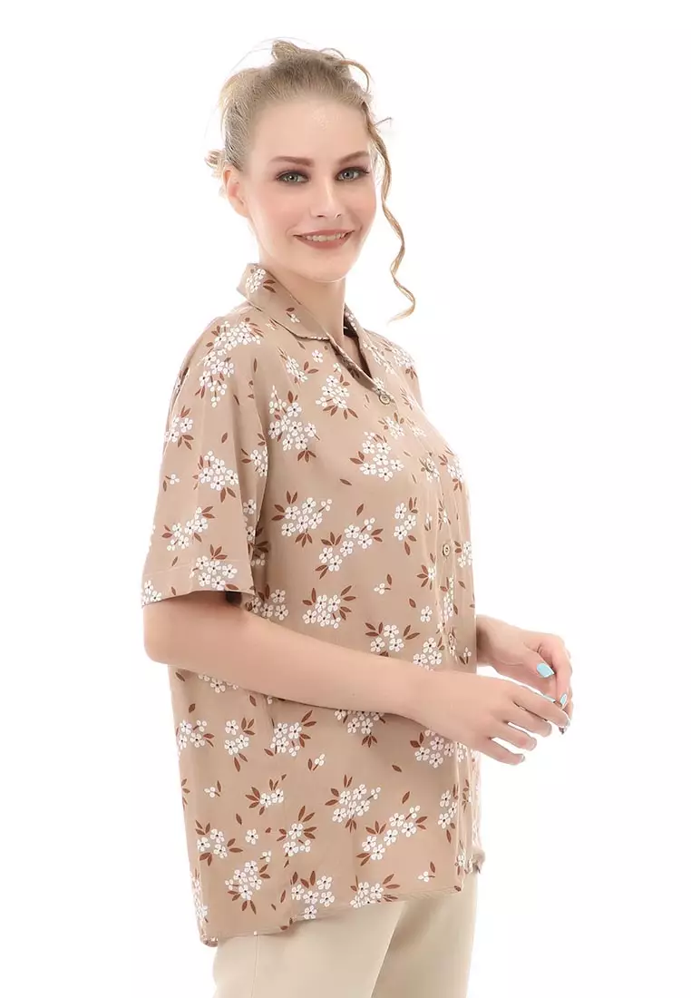 Holly Kemeja Atasan Kasual Wanita Lengan Pendek Motif Flower3 Material Rayon ORIGINAL - Brown
