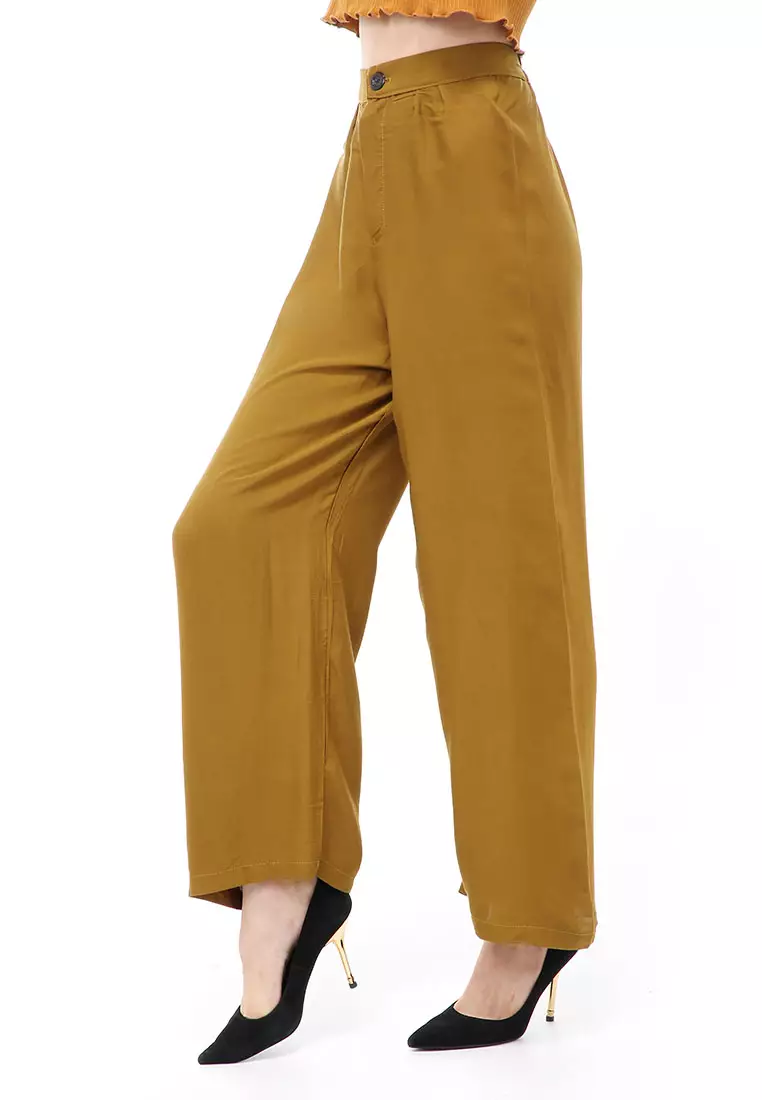 Jourel Celana Panjang Kasual Kulot Highwaist Wanita Style Kancing Resleting Material Rayon ORIGINAL - Olive