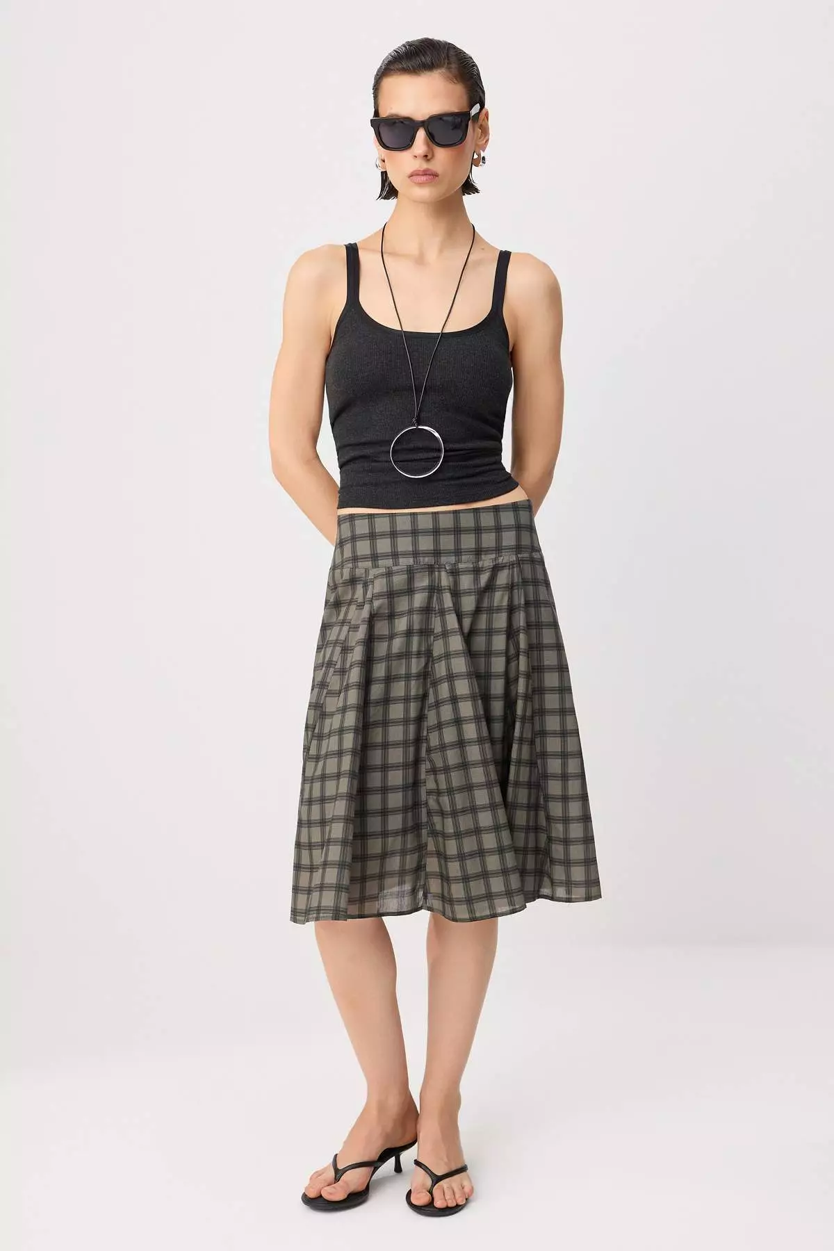 Khaki Mini Plaid Lined Midi Skirt Twoss26Et00263