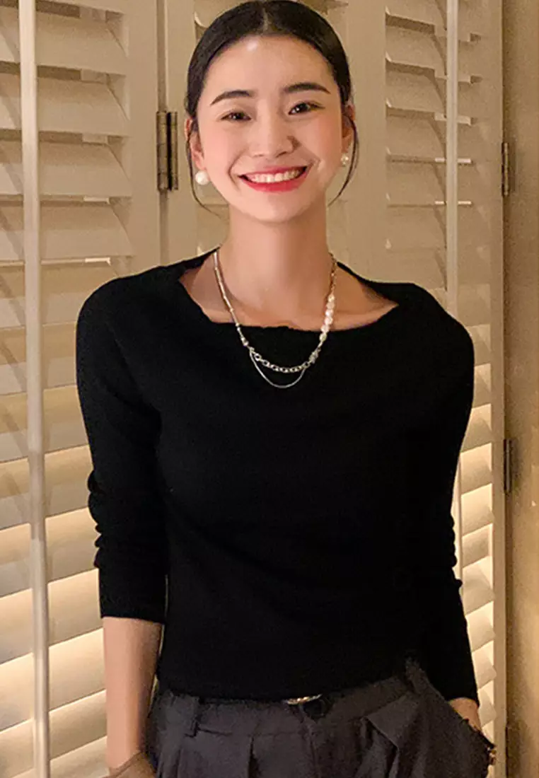 F/W New Sheep Wool Knit Slim Fit Long Sleeve Ladies Top A22090710BK