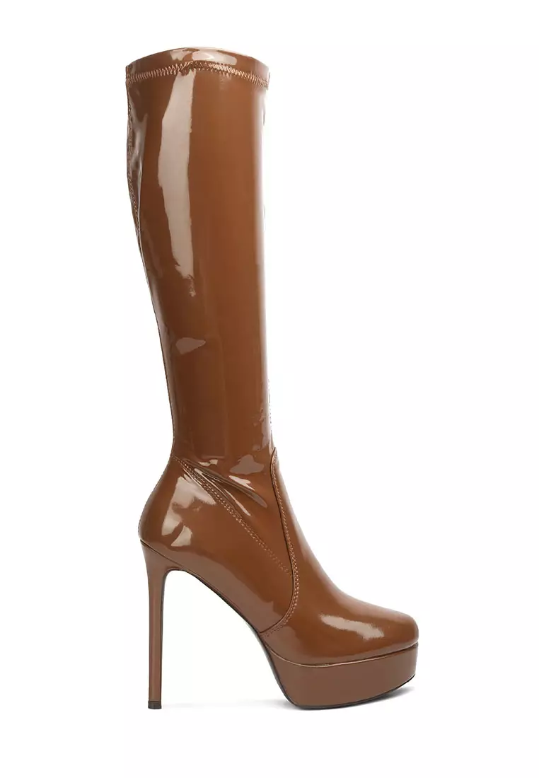 Discount on London Rag  shoes - SKU: Tan High Heeled Stretch Patent Calf Boots