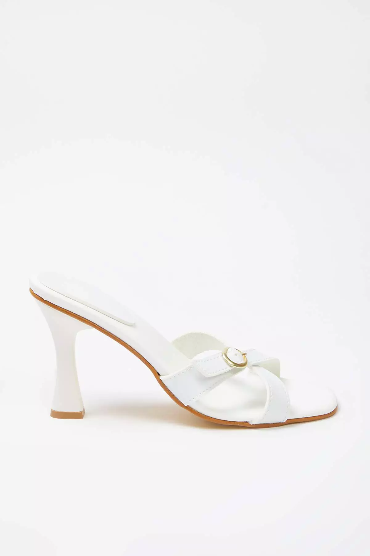 White Gold Buckle Square Toe Women Heels Slippers Takss25To00035