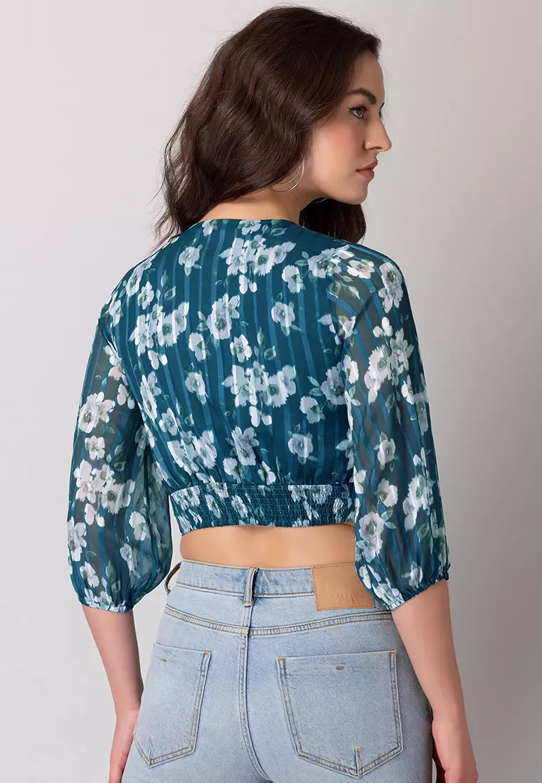 Teal Blue Floral Print Crop Top